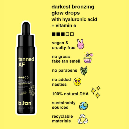 b.tan Dark Self Tan Drops for Face | Tanned AF - Darkest Self Tanner Bronzing Glow Drops, Vegan, Cruelty Free, 1.0 Fl Oz