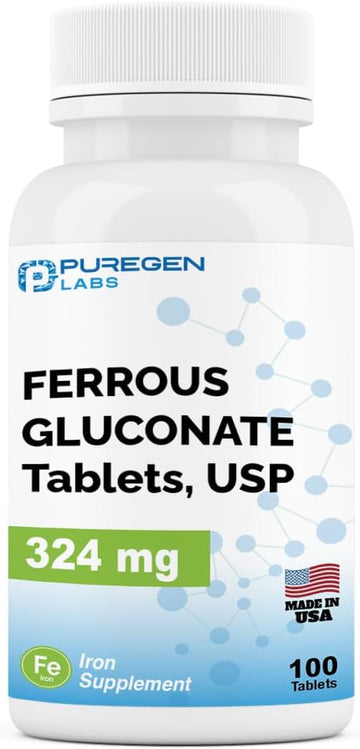 Puregen Labs Ferrous Gluconate 324 Mg [High Potency] Iron Supplement, Gentle On Stomach - 100 Tablets