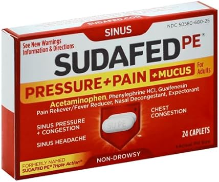 Sudafed PE Head Congestion + Mucus Relief Tablets for Sinus Pressure, Congestion, & Headache, Non-Drowsy Decongestant with Acetaminophen, Guaifenesin & Phenylephrine HCI, 24 ct