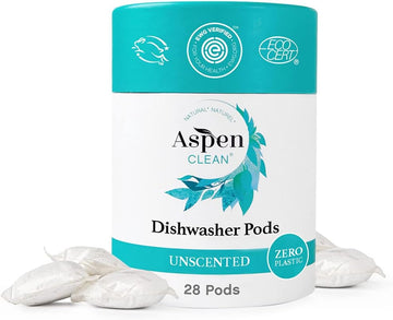 Unscented Dishwasher Pods by AspenClean, New and Improved Packaging, Zero Plastic, EWG Verified™, Vegan, Eco-Friendly, Natural Dishwasher Detergent - 28 Count