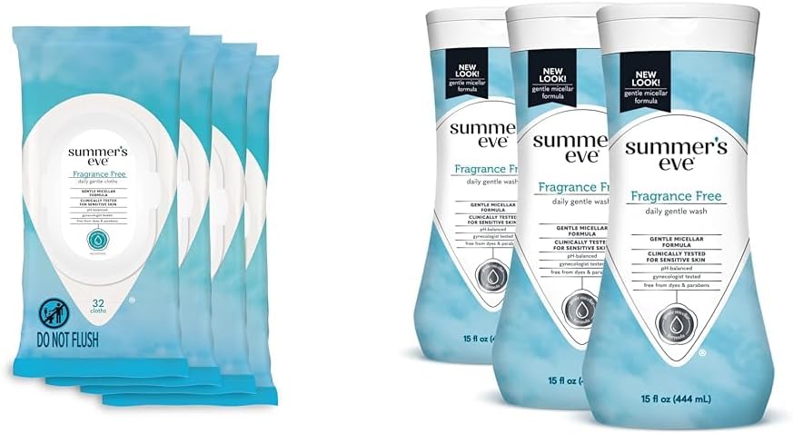 Summer'S Eve Fragrance Free Gentle Daily Feminine Wipes 32 Count 4 Pack And All Over Body Wash 15 Fl Oz 3 Pack