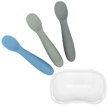 WeeSprout Baby Spoons for Self Feeding 6 Months +, Soft & Chew Proof Durable Silicone Utensils for Sensitive Gums & Teeth, Easy Grip Handles & Shorter Length for Little Hands, 3 Pack + Carrying Case