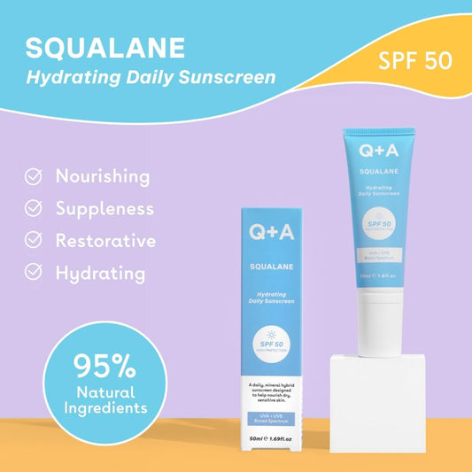 Q+A Squalane Hydrating Daily Sunscreen Spf 50: Fast-Absorbing, Non-Sticky, Broad-Spectrum Uva/Uvb, Nourishes Dry Skin, With Natural Squalane & Meadowfoam Oil, 95% Natural, Vegan, 50Ml