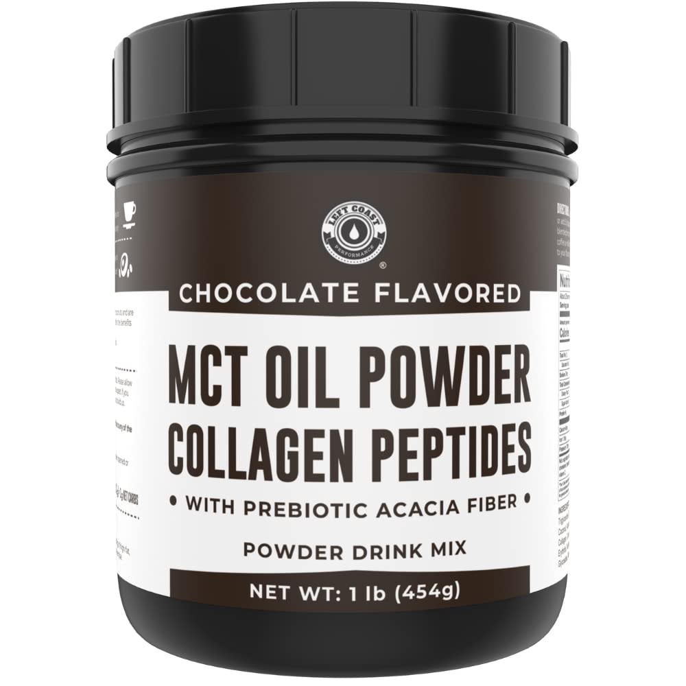 16oz Chocolate Keto MCT Powder + Collagen + Prebiotic Acacia Fiber. MCT Creamer. MCT Oil Powder from Coconuts. MCT Collagen Powder, Grass Fed, Perfect for Keto, 1 Net Carb, Stevia, Erythritol