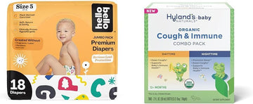 Hello Bello Premium Baby Diapers Size 5, 18 Count of Disposable Comfort Fit Diapers - Design: Alphabet Soup + Hyland's Baby - Organic Cough & Immune Day & Night Combo Pack (4 fl oz) : Baby