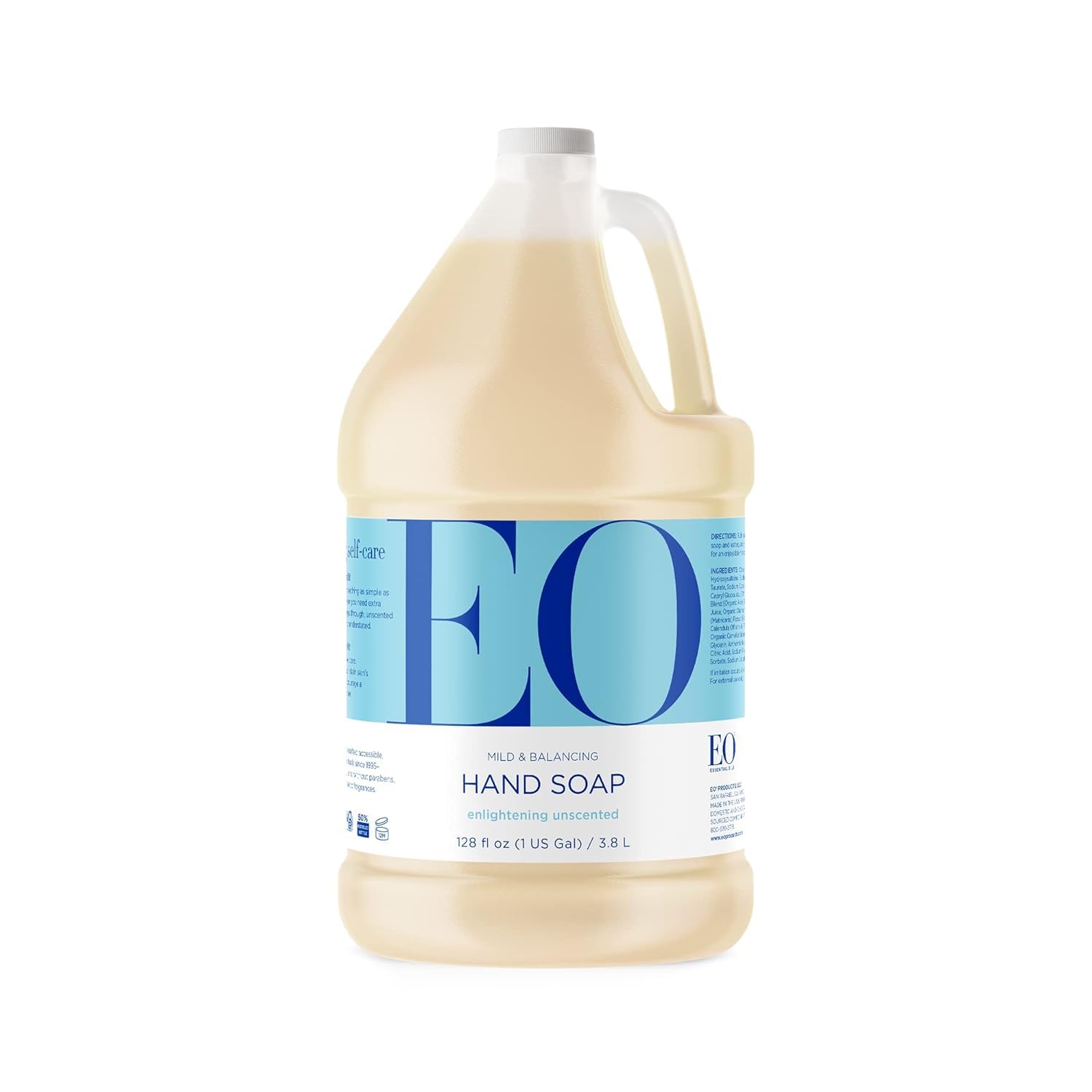 Eo Liquid Hand Soap Refill, 1 Gallon, Unscented, Organic Plant-Based Gentle Cleanser With Pure Essential Oils