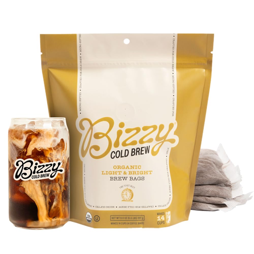 Bizzy Organic Cold Brew Coffee | Light & Bright Blend | Coarse Ground Coffee | Light Roast | Micro Sifted | Specialty Grade | 100% Arabica | Brew Bags | 4 Count | Makes 14 Cups