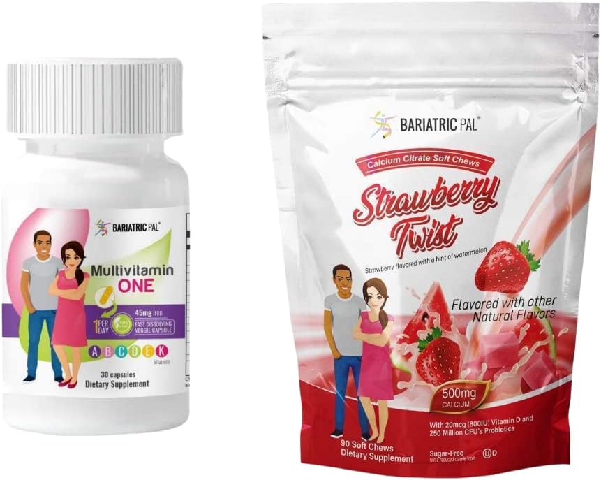 BariatricPal 30-Day Bariatric Vitamin Bundle (Multivitamin ONE 1 per Day! with 45mg Iron Capsule and Calcium Citrate Soft Chews 500mg with Probiotics - Strawberry Twist)