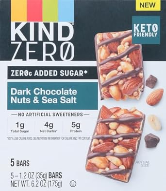 Kind Zero Added Sugar Bars, Keto Friendly Snacks, Dark Chocolate Nuts And Sea Salt, 6.2Oz Box (5 Bars)