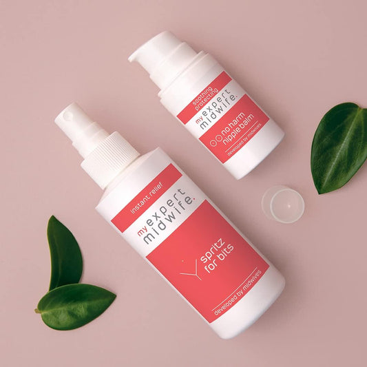 My Expert Midwife Bits and Nips - Birth Prep & Recovery Duo with Spritz for Bits Postnatal Relief Perineal Spray and No Harm Nipple Balm Nipple Cream (Pack of 2)