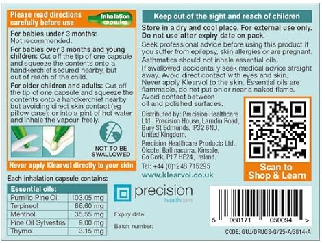 Klearvol Essential Oils Inhalation Capsules - From 3 Months Onwards - Natural Vapours For Day And Night - For Sweet Dreams - Contains Pine Oil, Thyme And Menthol - 10 Capsules