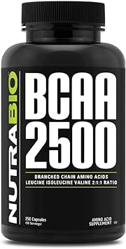 NutraBio ? BCAA 2500 ? Branched Chain Amino Acids ? Support New Muscle Growth and Prevent Muscle Breakdown ? 250 Capsules