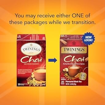 Twinings Chai Individually Wrapped Black Tea Bags, 20 Count (Pack Of 6), Sweet, Savoury Spices, Caffeinated, Enjoy Hot Or Iced