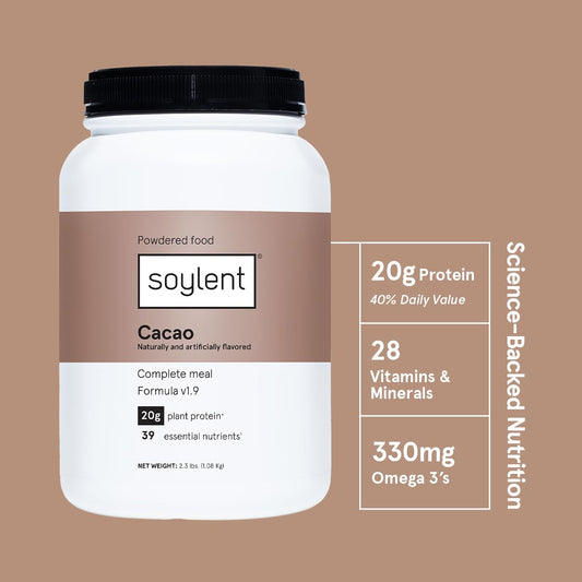 Soylent Complete Nutrition Meal Replacement Protein Powder, Cacao - Plant Based Vegan Protein, 39 Essential Nutrients - 36.8Oz