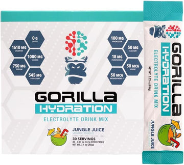 Gorilla Mind Hydration Packets - 3,073Mg Electrolytes On The Go Convenient Drink Mix For Comprehensive Replenishment - Zero Sugar, Naturally Sweetened & Fasting Friendly - 30 Count (Jungle Juice)