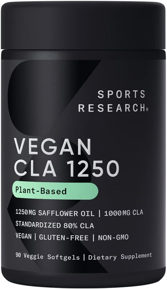 Sports Research Vegan Cla - 1250Mg With Active Conjugated Linoleic Acid For Men & Women | Non-Gmo, Soy & Gluten Free - 80% (90 Softgels)