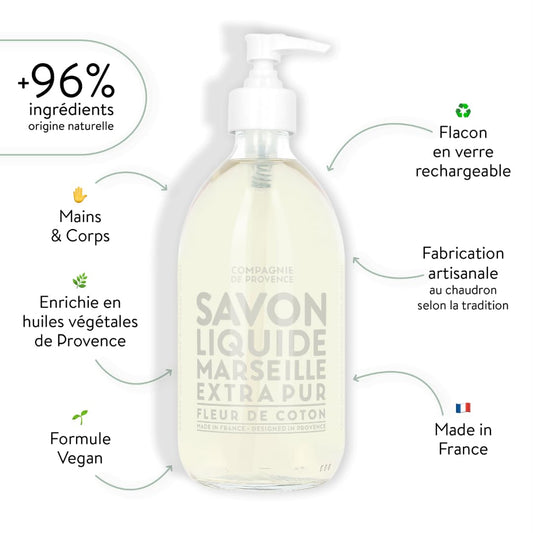 Compagnie De Provence Savon De Marseille Extra Pure Liquid Soap - Cotton Flower - 16.7 Fl Oz Glass Pump Bottle
