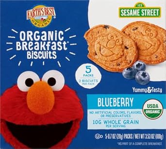 Earth'S Best Organic Kids Snacks, Sesame Street Toddler Snacks, Organic Breakfast Biscuits For Kids 2 Years And Older, Blueberry, 5 Packs Of 2 Biscuits Per Box (Pack Of 6)