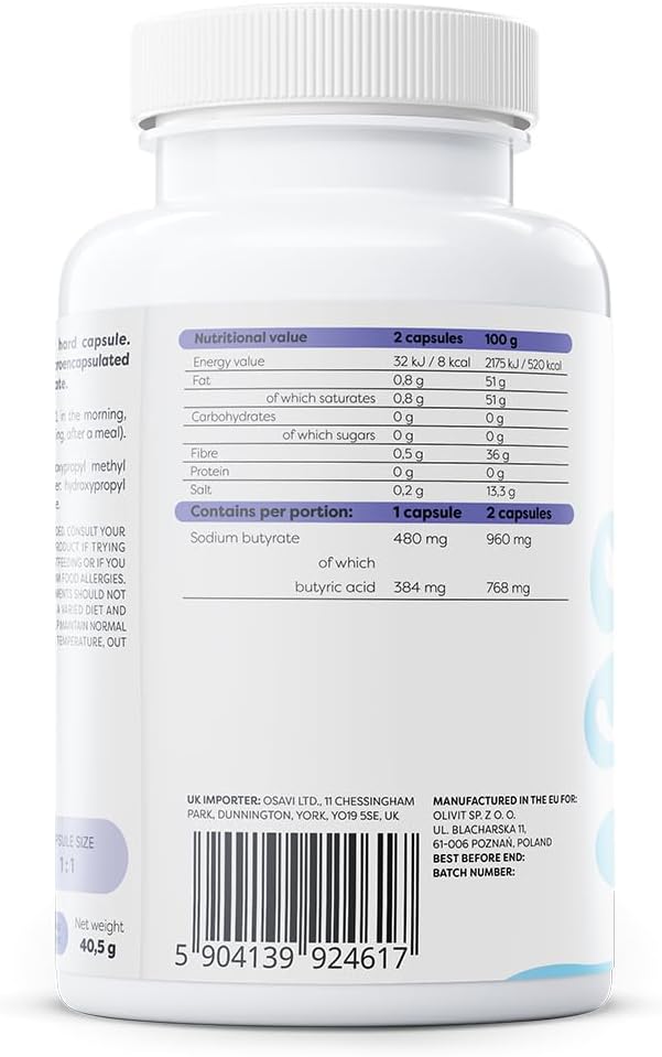 Osavi Sodium Butyrate SR 960 mg – 60 Vegan Capsules | Microencapsulated Sustained–Release Sodium Butyrate | High Butyric Acid Content | Tasteless & Odourless | Vegan, Gluten–Free, Soy–Free, GMO–Free : Amazon.co.uk: Health & Personal Care