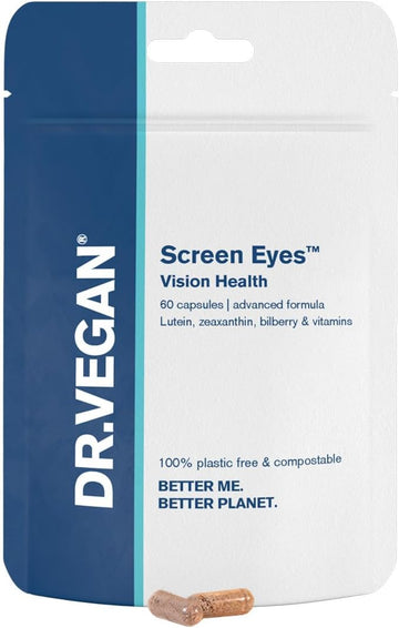 DR.VEGAN Screen Eyes | Vision Health, 60 Vegan-Friendly Capsules | Lutein (15mg), Zeaxanthin (2mg), Meso-zeaxanthing (10mg), Astaxanthin (2mg) and Bilberry (50mg) | Two-A-Day - 30 Day Supply