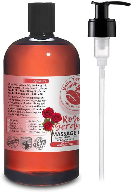 Rose and Geranium Massage Oil without Mineral Oil. 16 oz. Full Body Massage Therapy. Soothes Body and Mind. Made with Olive Oil, Sesame Oil, Sunflower Oil, Aloe Vera, Geranium Oil, Rose Oil