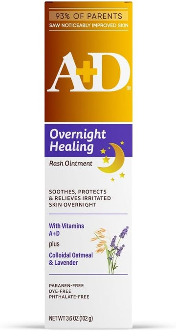 A+D Overnight Healing Diaper Rash Ointment - Soothes, Protects & Relieves Diaper Rash Overnight With Lavender & Colloidal Oatmeal - Healing Ointment For Red, Itchy, Irritated Skin - 3.6Oz