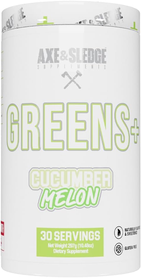 Axe & Sledge Greens+ Superfood Powder | Greens Juice, Probiotics, Digestive Enzymes, Ashwagandha, Coconut Water Powder | Naturally Flavored & Sweetened, 30 Servings, Plus V2 Cucumber Melon