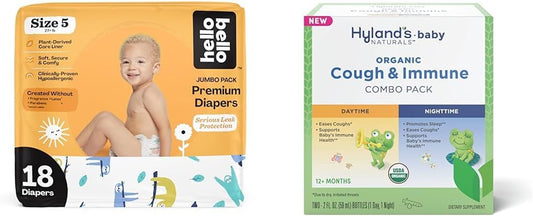 Hello Bello Premium Baby Diapers Size 5, 18 Count of Disposable Comfort Fit Diapers - Design: Sleepy Sloth + Hyland's Baby - Organic Cough & Immune Day & Night Combo Pack (4 fl oz) : Baby