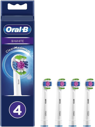 Oral-B 3D White Electric Toothbrush Head With Cleanmaximiser Technology, Angled Bristles For Deeper Plaque Removal, Pack Of 4, White