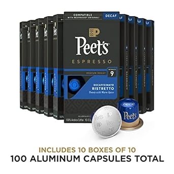 Peet's Coffee, Dark Roast Decaf Espresso Coffee Pods, Decaf Ristretto Intensity 9, 100 Count (10 Boxes of 10 Espresso Capsules)