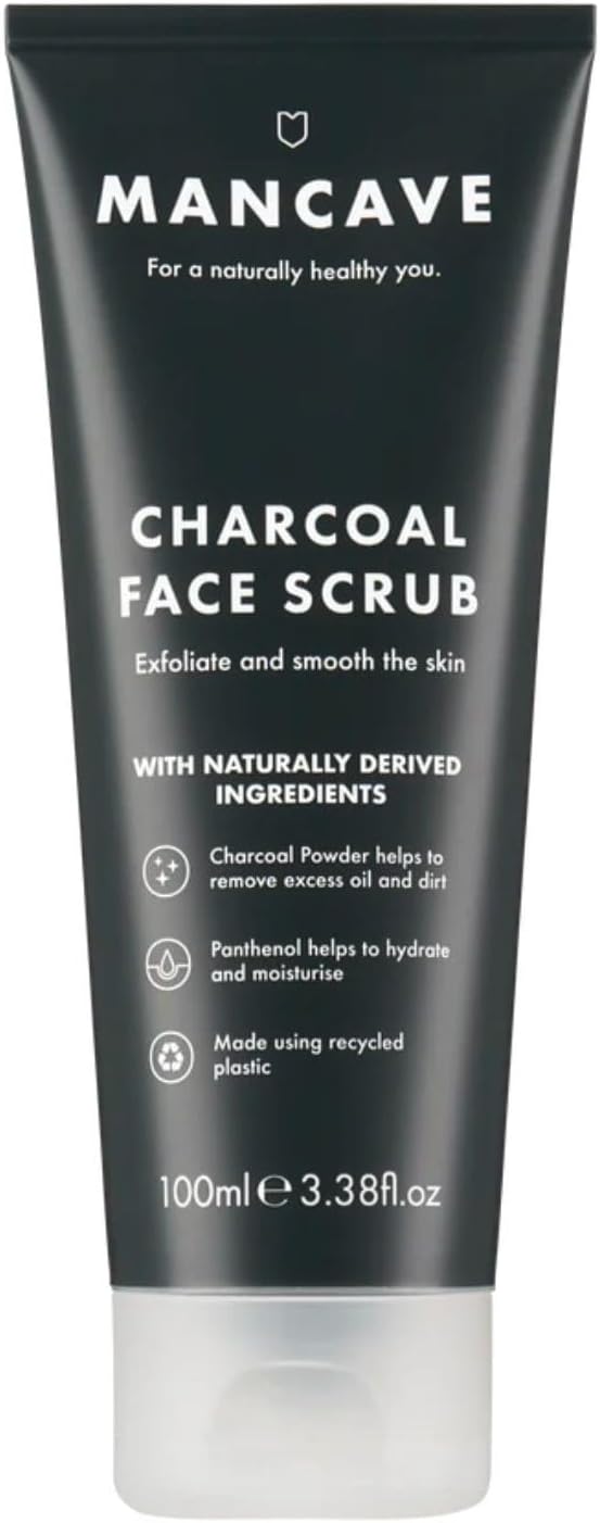 Mancave Charcoal Face Scrub 100Ml For Men, Exfoliate & Smooth Skin, Dermatlogically Tested, Natural Formulation, Vegan Friendly And Cruelty Free, Tube Made From Recycled Plastics, Made In England