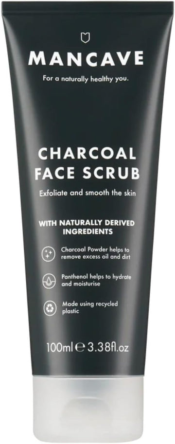 Mancave Charcoal Face Scrub 100Ml For Men, Exfoliate & Smooth Skin, Dermatlogically Tested, Natural Formulation, Vegan Friendly And Cruelty Free, Tube Made From Recycled Plastics, Made In England