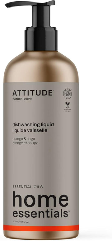 ATTITUDE Dish Soap, EWG Certified, Plant and Mineral-Based Ingredients, Vegan and Cruelty-free Household Products, Orange and Sage, Refillable Aluminum Bottle, 16 Fl Oz
