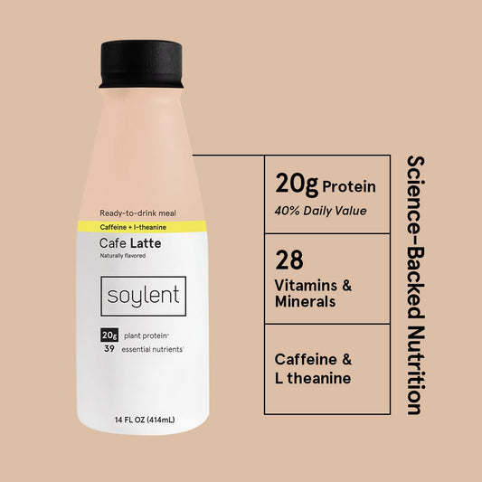 Soylent Complete Coffee Meal Replacement Shake, Cafe Latte, Ready-To-Drink Plant Based Caffeinated Protein Drink, Contains 20G Vegan Protein And 1G Sugar, 14Oz (12 Pack)