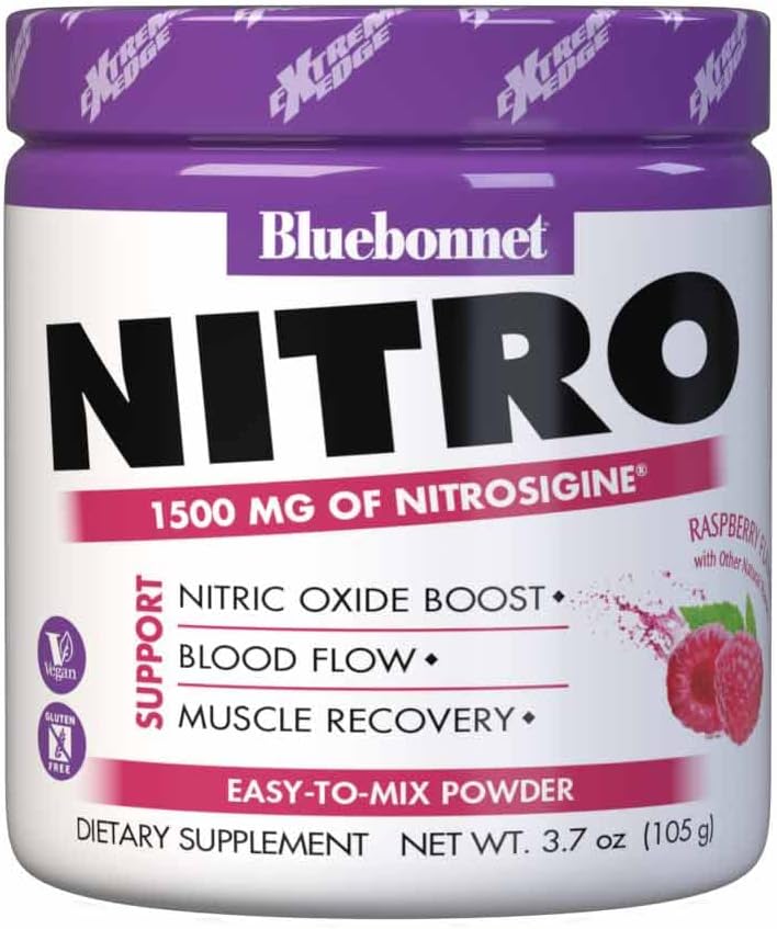 Bluebonnet Nutrition Extreme Edge Nitro Powder, Nitric Oxide Precursor*, Increase Blood Flow*, Soy-Free, Gluten-Free, Vegan, Raspberry Flavor, 3.7 Oz, 30 Servings