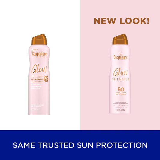 Coppertone Glow with Shimmer Sunscreen Spray SPF 50, Water Resistant Spray Sunscreen, Broad Spectrum SPF 50 Sunscreen Pack, 5 Oz Spray, Pack of 2