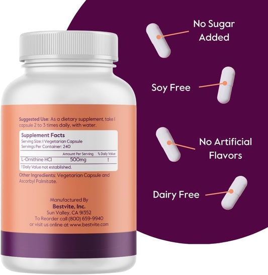 Bestvite L-Ornithine 500Mg (240 Vegetarian Capsules) - No Stearates - No Fillers - Vegan - Non Gmo - Gluten Free