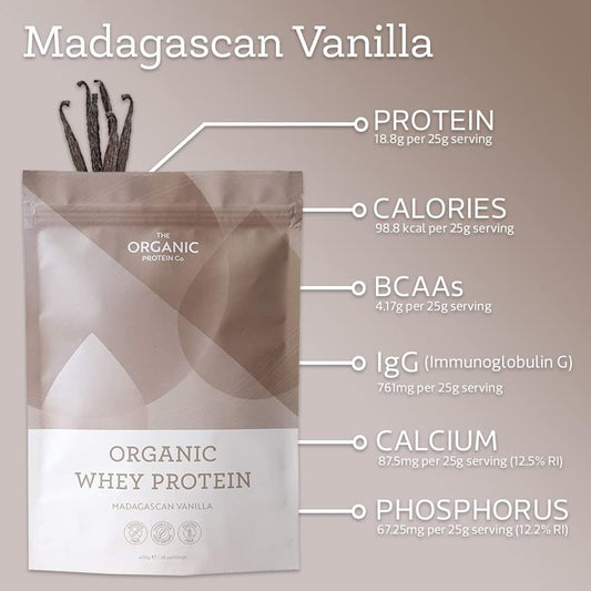The Organic Protein Co. – Madagascan Vanilla Organic Whey Protein Powder | Additive Free, Undenatured, Bioactive, Upf Free, Emulsifier Free, Primarily Grass Fed, Vegetarian, Gluten Free – 400G