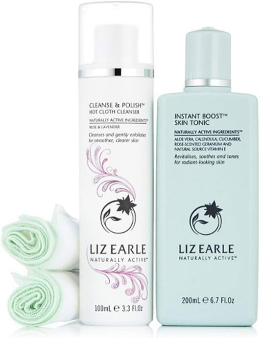 Liz Earle Brighter Glow Duo Cleanse & Polish™ Hot Cloth Cleanser Rose & Lavender 100Ml, Instant Boost™ Skin Tonic 200Ml, 2 Pure Cotton Cloths