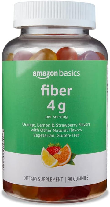 Amazon Basics (Previously Solimo) Fiber 4G Gummy - Digestive Health, Supports Regularity, Orange, Lemon & Strawberry, 90 Gummies (2 Per Serving)