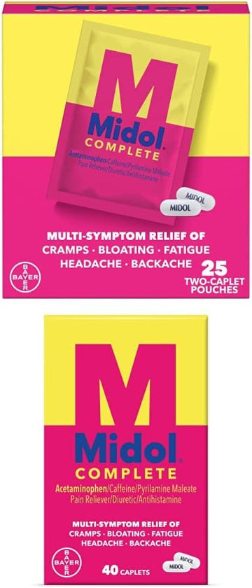 Midol Complete Caplets, with Acetaminophen for Menstrual Symptom Relief of Cramps, Bloating, Fatigue, Headache, Backache, 40 Count & On The Go Pouches, 50 Count (25 Pouches of 2 Caplets)
