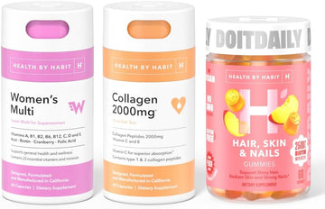 Health By Habit Beauty Full Kit - Women's Multi Supplement (60 Capsules) + Collagen (60 Capsules) + Hair, Skin & Nails Gummies (60 Gummies), Non GMO
