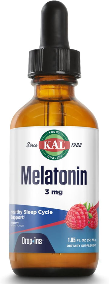 KAL Melatonin DropIns 3mg, Healthy Sleep Aid Support, Liq Melatonin Drops for Optimal Absorption & Calming Relaxation Support, Fast Acting, Natural Raspberry avor, Approx. 55 Servings, 1.85