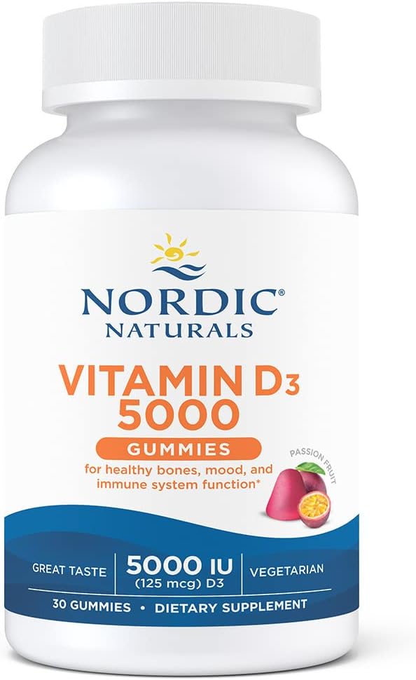 Nordic Naturals Vitamin D3 5000 Gummies, Passion Fruit - 30 Gummies - Support for Healthy Bones, Mood, & Immune System - Vegetarian - Non-GMO - 30 Servings