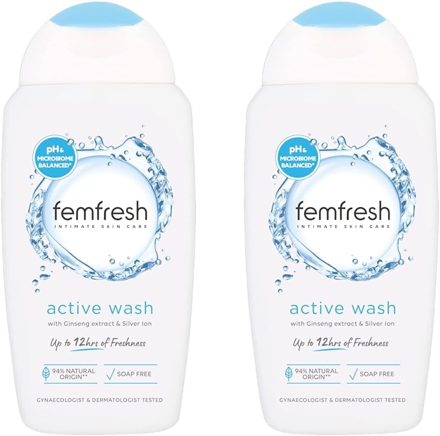 Femfresh Ultimate Care Active Vaginal Wash - Intimate Feminine Hygiene Shower Gel Cleanser - Ph Balanced, Soap Free, Fragrance Free Gel Formula With 12-Hour Sweat Protection - 6 X 250Ml Multi Pack