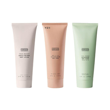 Versed Body Care Essentials Set - Press Restart Gentle Body Lotion, Buff It Out AHA Exfoliating Body Scrub & Total Package Replenishing Body Lotion with Mineral SPF 30 (3 Products, 6 oz Each)