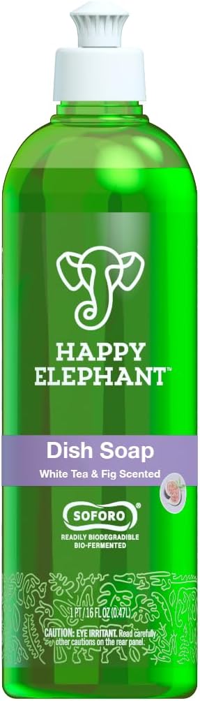 Happy Elephant Dish Soap - Superior Cleaning Power, Liquid Ez Squeeze Bottle, Easy Rinse, Less Water, Cuts Through Grease, Gentle on Hands - White Tea and Fig (16 fl oz - Pack of 1)