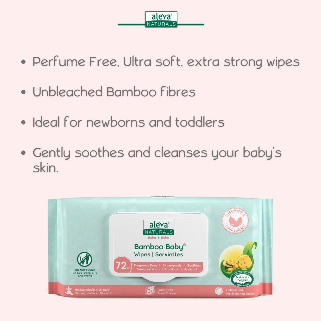 Aleva Naturals Bamboo Baby Sensitive Wipes | Unscented | Extra Strong And Ultra Soft | Natural And Organic Ingredients | Certified Vegan | 6 Packs Of 72Ct - Total Of 432Ct