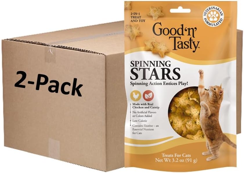 Good ‘N’ Tasty Spinning Stars Cat Treats, 3.2 Ounce Bag, 2-In-1 Treat & Toy Made With Real Chicken, Chicken Liver & Catnip, Encourages Playfulness & Low Calorie, 2 Pack