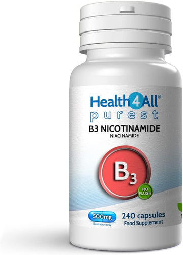 Health4All Vitamin B3 Niacin As Nicotinamide (Niacinamide) 500Mg 240 Capsules (V) Purest, No Additives, Vegan, Gluten Free No-Flush Niacin Capsules
